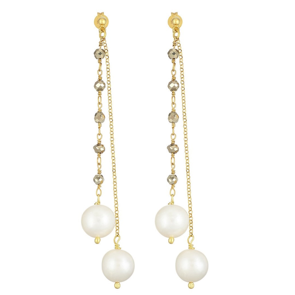 Argentum Extremis Double Drop Earring - Pyrite & White Pearl - Gold Plated Silver - Spirito Rosa | Βραβευμένα Κοσμήματα σε Απίστευτες Τιμές