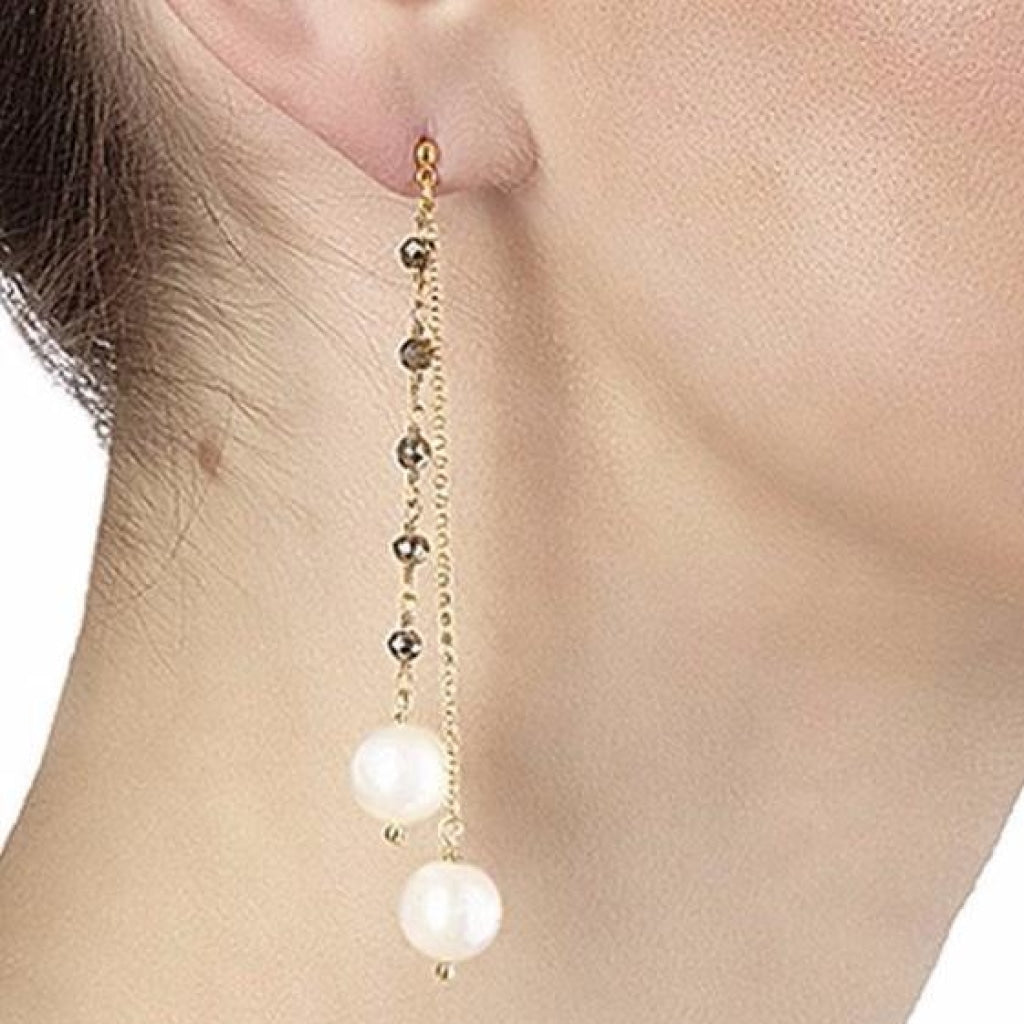 Argentum Extremis Double Drop Earring - Pyrite & White Pearl - Gold Plated Silver - Spirito Rosa | Βραβευμένα Κοσμήματα σε Απίστευτες Τιμές