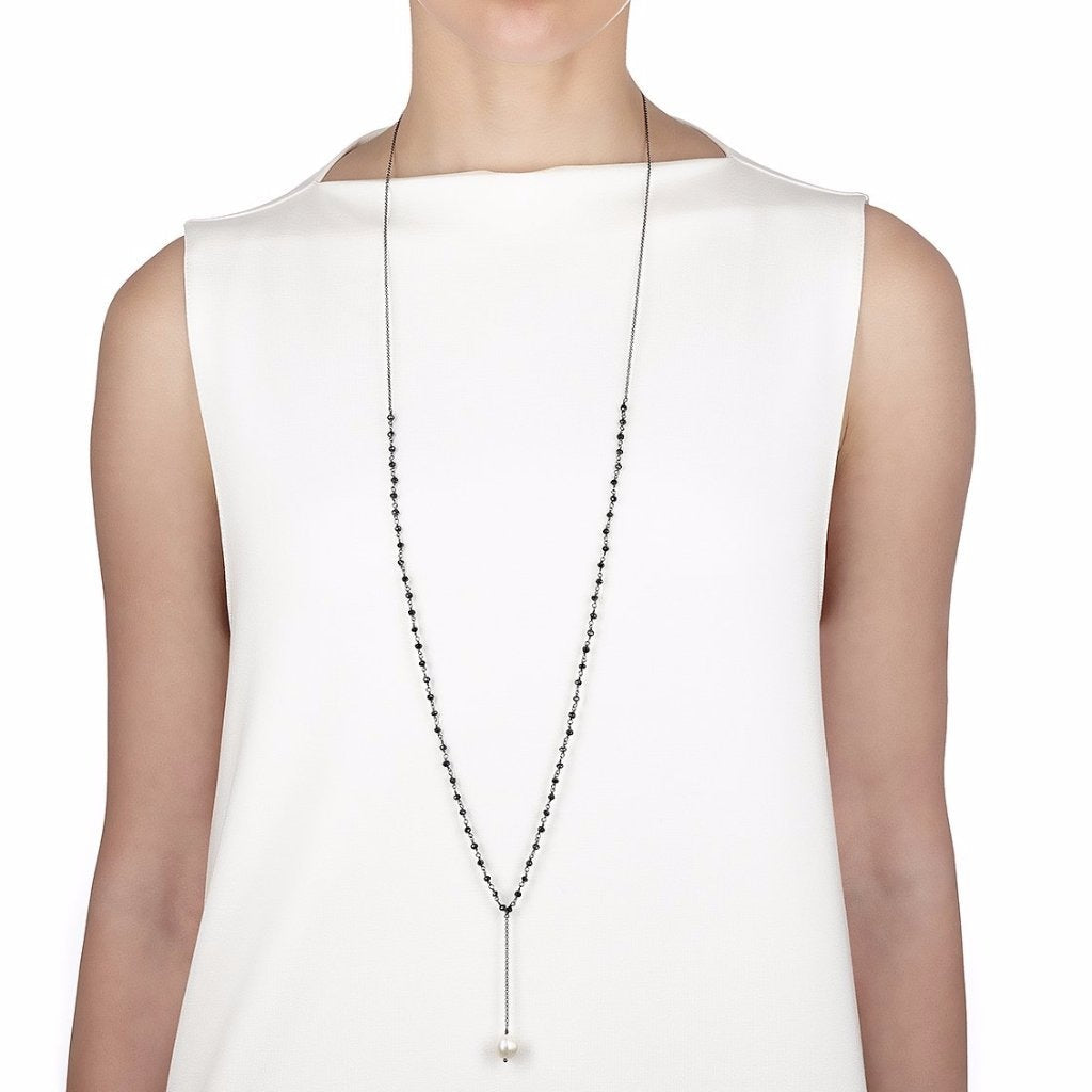 Argentum Extremis Necklace Drop - Black Spinel &amp; White Pearl - Black Rhodium Plated Silver - Spirito Rosa | Βραβευμένα Κοσμήματα σε Απίστευτες Τιμές