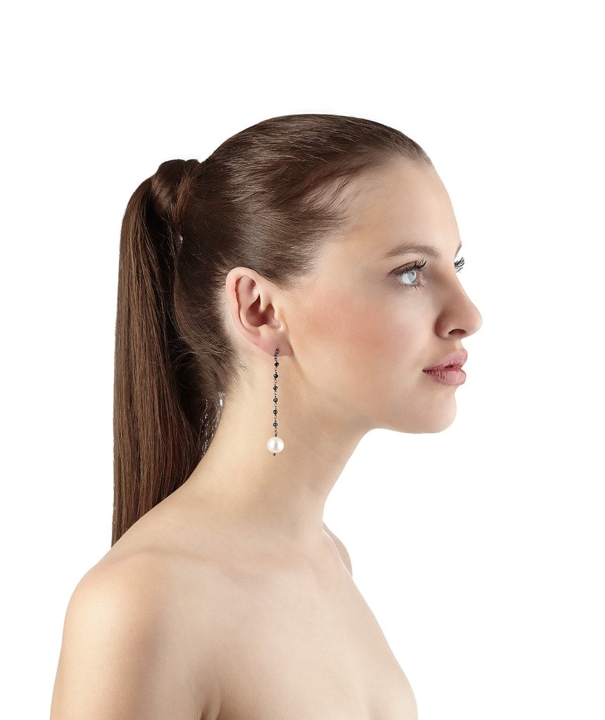 Argentum Extremis Single Drop Earring - Black Spinel &amp; White Pearl - Black Rhodium Plated Silver - Spirito Rosa | Βραβευμένα Κοσμήματα σε Απίστευτες Τιμές