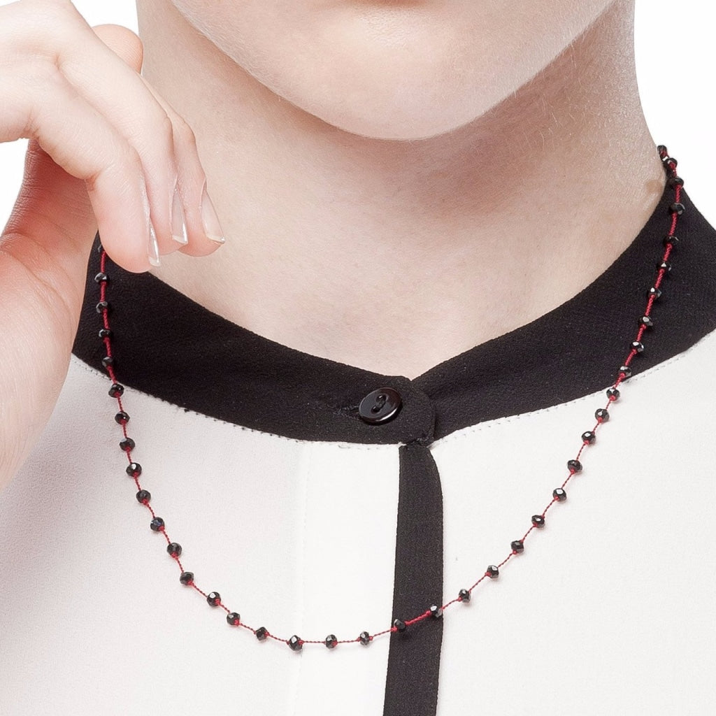 Black Spinel &quot;Diamond Polish&quot; Rosary Style Short Necklace with Dark Red Thread - Spirito Rosa | Βραβευμένα Κοσμήματα σε Απίστευτες Τιμές