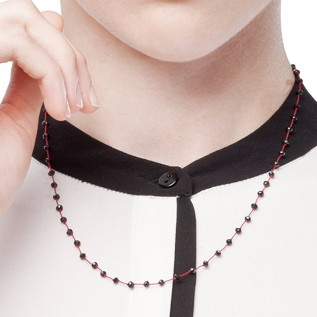 Black Spinel "Diamond Polish" Rosary Style Short Necklace with Dark Red Thread - Spirito Rosa | Βραβευμένα Κοσμήματα σε Απίστευτες Τιμές