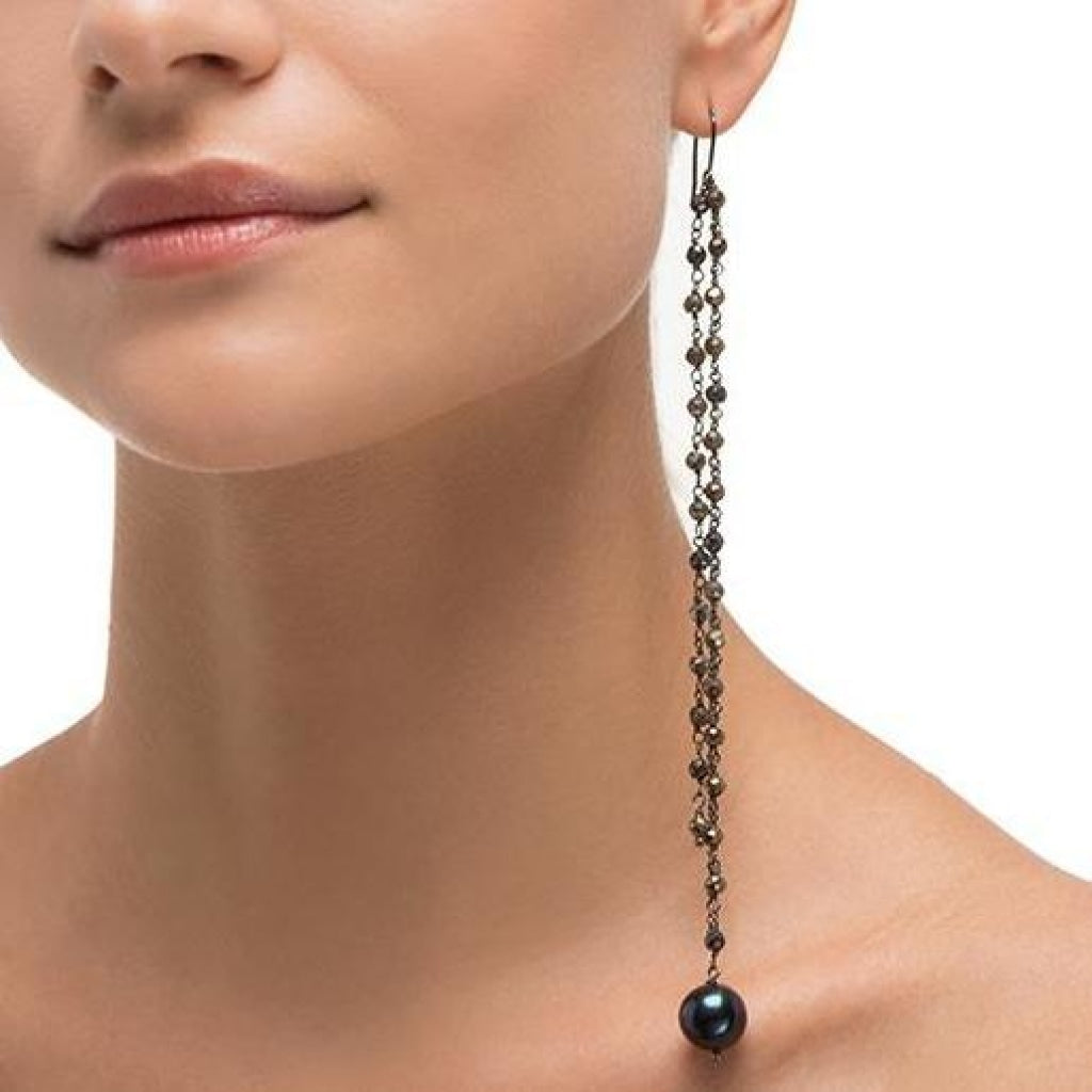 Chain Drop Earring - Black Pearl & Pyrite - Black Rhodium Plated Silver - Spirito Rosa | Βραβευμένα Κοσμήματα σε Απίστευτες Τιμές