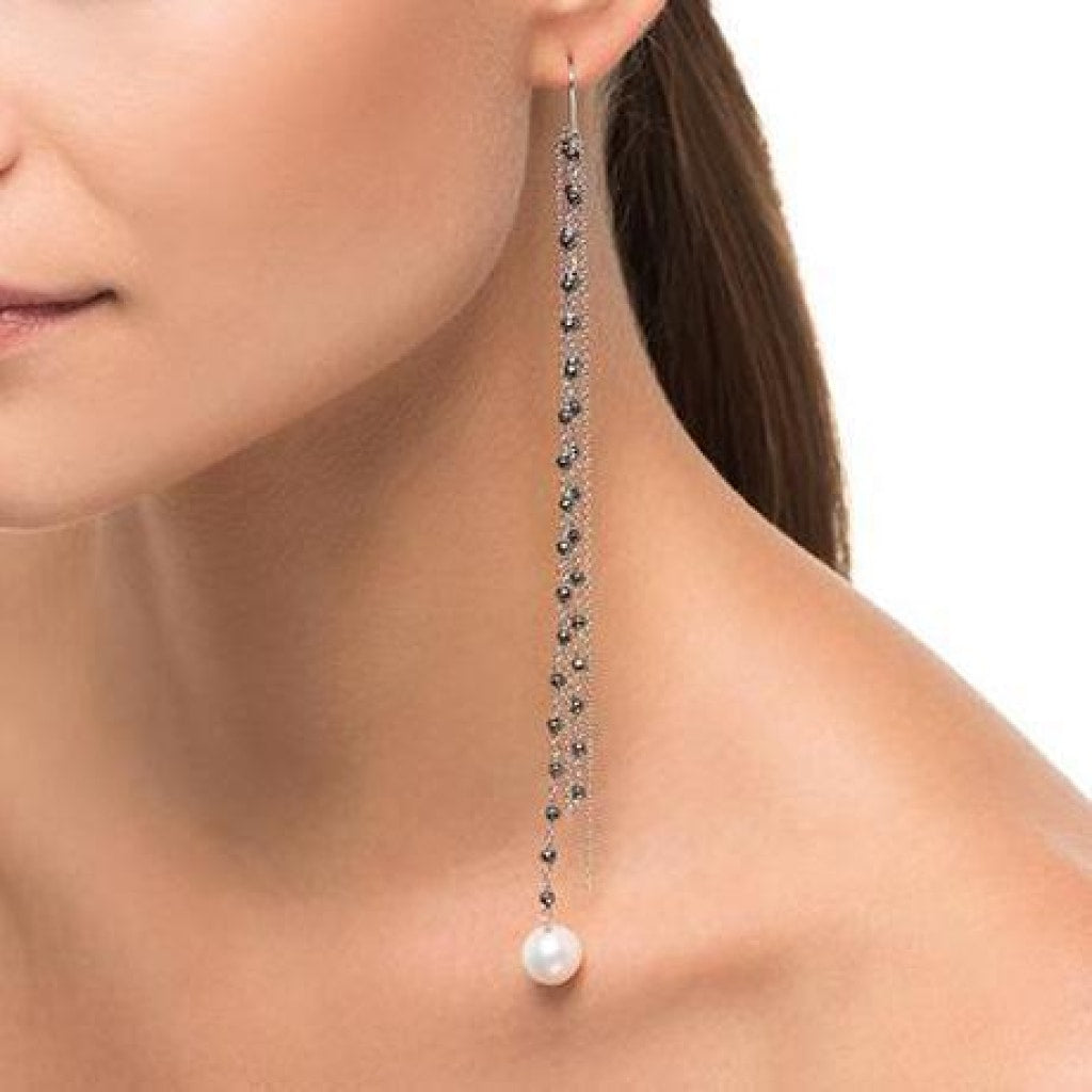 Chain Drop Earring - White Pearl &amp; Hematite - White Rhodium Plated Silver - Spirito Rosa | Βραβευμένα Κοσμήματα σε Απίστευτες Τιμές